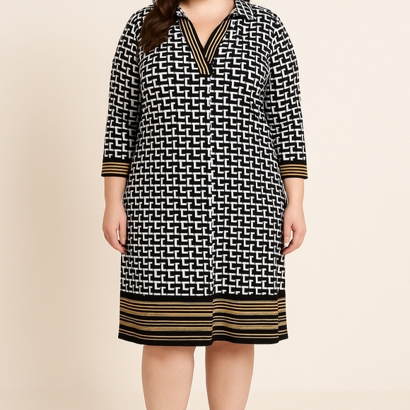 Mlle Gabrielle Dresses & Skirts - Mlle Gabrielle Black White Geometric Print Dress Yellow Trim 3/4 Sleeves